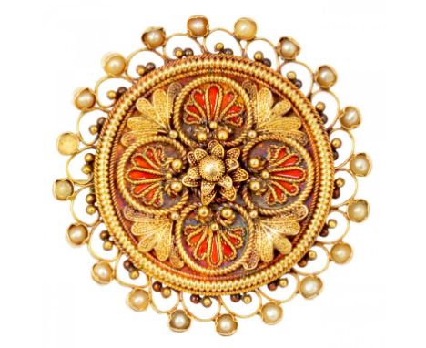 AN ITALIAN ESTRUSCAN REVIVAL GOLD AND ENAMEL AND SEED PEARL BROOCH, C1870   2.7cm diam, marked FASOLI, 5.4g ++Lacking one of 