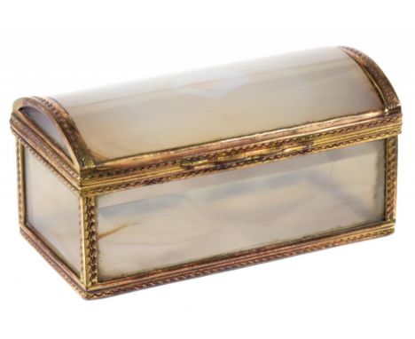 A GERMAN COPPER GILT AND HARDSTONE SNUFF BOX, C1800  with coffered lid and engraved mounts, inset with bevelled agate sides a