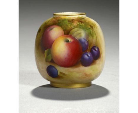 A ROYAL WORCESTER VASE, 1937 painted by Moseley, signed, with fruit on a woodland bank, 7cm h, printed mark ++In fine conditi