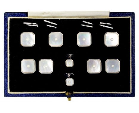 A CULTURED PEARL, MOTHER OF PEARL AND WHITE GOLD DRESS SET cufflinks 1 x 1cm, marked 9ct, case signed for The Alexander Clark