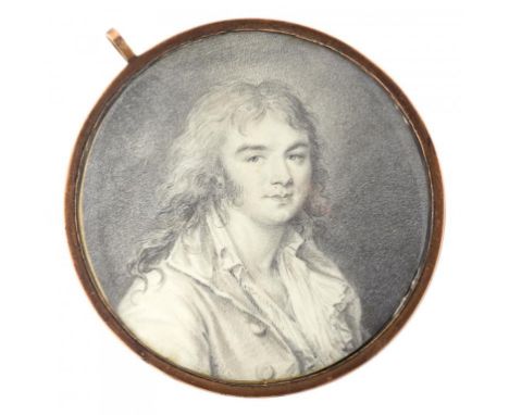 FRENCH SCHOOL, C1780 A YOUNG MAN  pencil, 7.4cm diam, giltmetal frame with plaited hair under glass  ++Good condition, the po