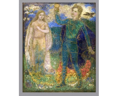 MABEL PENELOPE SEFTON (1881-1957) A PAINTED ENAMEL PLAQUE OF LOVERS  signed, dated May 1908 and inscribed on the counter enam