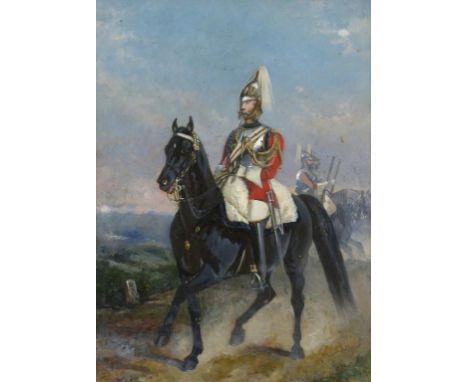 ENGLISH SCHOOL, 19TH C  EQUESTRIAN PORTRAIT OF AN OFFICER OF THE HOUSEHOLD CAVALRY  signed with initials (on a a milepost) HD