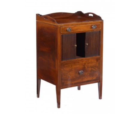 A GEORGE IV MAHOGANY AND LINE INLAID TRAY TOP COMMODE, C1825 with tambour shutter and drawer, 94cm h; 44 x 57cm  ++Altered by