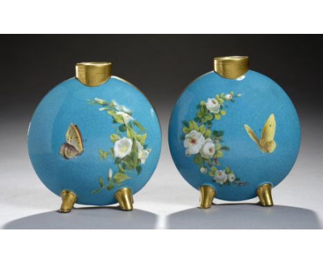 A PAIR OF MINTON BLEU CELESTE GROUND MOON FLASKS, C1870   painted in the Barbotine manner with flowers and insects to both si