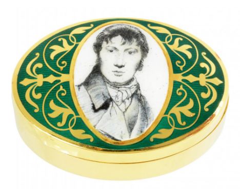 JOHN CONSTABLE, RA BICENTENNIAL, 1776-1976.  A 9CT GOLD AND ENAMEL COMMEMORATIVE BOX AND COVER 5cm, numbered 10 from edition 