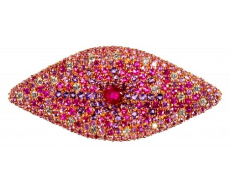 A RUBY, DIAMOND AND MULTI GEM SET 'LIPS' PENDANT  in gold, 4.6cm, marked 750, 10.7g ++In satisfactory second hand condition