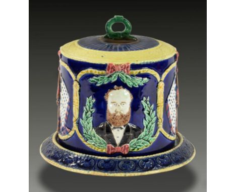 A MAJOLICA   PORTRAIT AND   FLAG CHEESE DISH AND COVER, PROBABLY NORTH AMERICAN, C1880 25cm h ++Some professional restoration