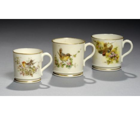 THREE GRAINGER WORCESTER MINIATURE MUGS, 1893, 1900 & C painted with a bird, 4 & 4.5cm h, printed mark ++In fine condition 