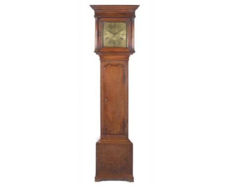 AN OAK AND FRUITWOOD 30 HOUR LONGCASE CLOCK, WM PORTHOUSE PENRITH MID 18TH C the engraved brass dial with date aperture and r