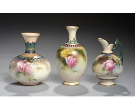 A JAMES HADLEY & SONS VASE AND A ROYAL WORCESTER VASE AND EWER, 1900-02, 1910 & 1911 painted with roses, 9-11cm h, printed ma