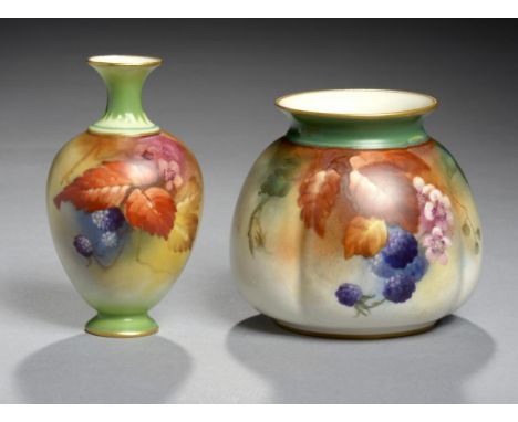 TWO ROYAL WORCESTER VASES, 1908 &10 painted with blackberries and blossom, 8 & 9.5cm h, printed marks ++Both in fine conditio