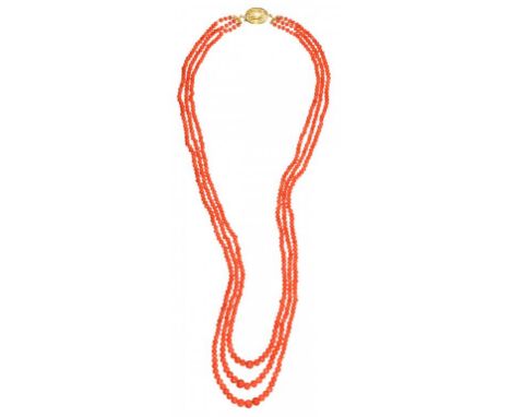 A CORAL THREE STRAND NECKLACE WITH OPAL SET GOLD OPENWORK CLASP  the beads approx 0.29-0.67cm, 59cm, 41g ++In good condition 