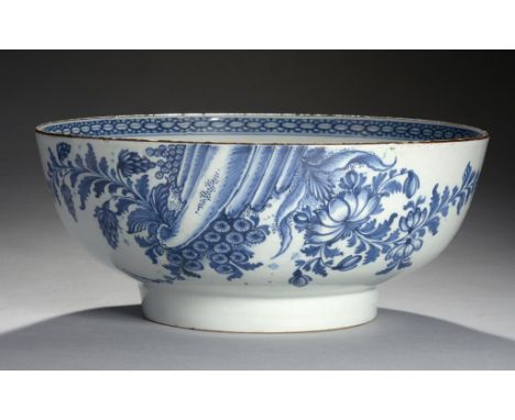 AN ENGLISH DELFTWARE BOWL, C1770 the interior painted with a central island with willow tree, borders and brown rim, the exte