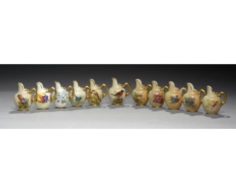 ELEVEN ROYAL WORCESTER MINIATURE FLAT-BACK JUGS, TEN EARLY 20TH C, ONE MID 20TH C painted with birds, flowers or fruit on a s