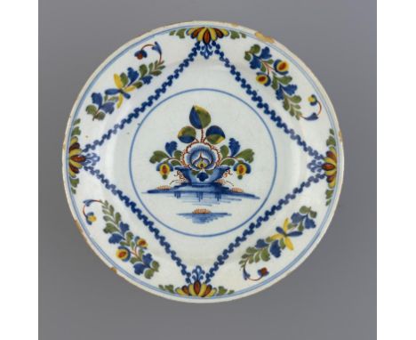 AN ENGLISH DELFTWARE PLATE, C1770  painted with a central basket of flowers framed by swags, 23cm diam ++Chip on rim at 1 o'c