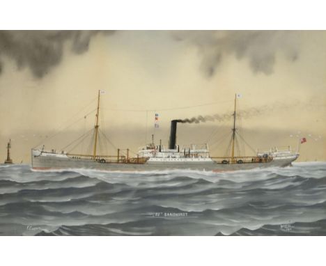F CORPUZ (FL LATE 19TH/EARLY 20TH CENTURY) PORTRAIT OF THE SS "SANDHURST" (WATTS & CO)  signed, dated 1910, inscribed with th