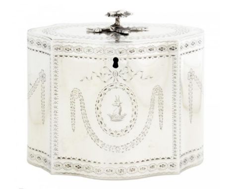 A GEORGE III NEO CLASSICAL STYLE ENGRAVED SILVER TEA CADDY  with integral hinge to the flat lid, crested, 11cm h, by Walter T