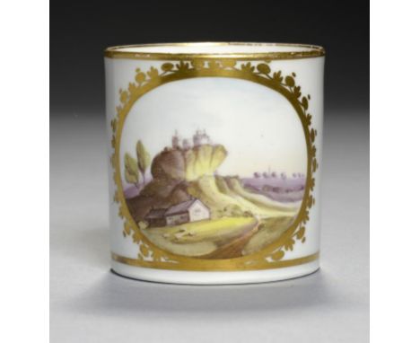 A MINTON COFFEE CAN, C1800 with ring handle, painted to the front with an oval landscape panel, 6cm h, 58 in sepia ++Some wea