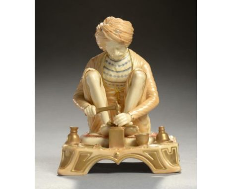 A ROYAL WORCESTER FIGURE OF KARAN SINGH THE TRINKET MAKER FROM THE INDIAN CRAFTSMEN SERIES, 1896  decorated in stained ivory 