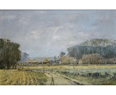 †ALAN SIMPSON (1941-2007) THE FARM  signed, oil on canvas, 49.5 x 75cm ++Good condition requiring a light clean, in what is p