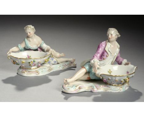 A PAIR OF MEISSEN FIGURES OF A YOUTH AND GALLANT WITH BASKETS, EARLY 20TH C  11cm h, incised 2872 or 2875, crossed swords ++T