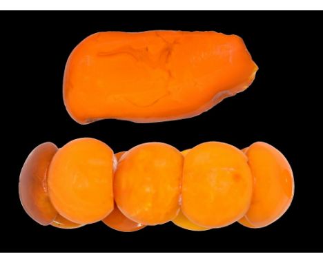 A BRACELET OF NINE AMBER FLAT SIDED BEADS AND AN AMBER BROOCH 60g  Provenance: Rajan Nehru (1909-1994) by whom acquired in Ch