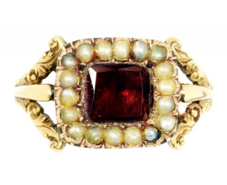 A GARNET AND SPLIT PEARL SQUARE CLUSTER RING, 19TH C  in chased gold with split shoulders, unmarked, 3.9g, size N ½ ++Satisfa