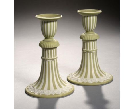 A PAIR OF WEDGWOOD ENGINE TURNED GREEN JASPER DIP READING CANDLESTICKS, 19TH C 16cm h, impressed WEDGWOOD ++One candlestick w