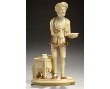 A ROYAL WORCESTER FIGURE OF BAKSHIRAN THE OLD POTTER AGED 104 FROM THE INDIAN CRAFTSMEN SERIES, 1888 decorated in stained ivo