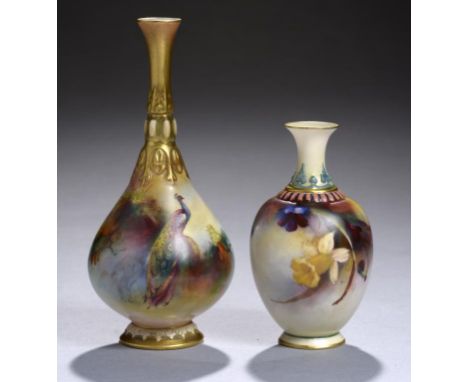 TWO ROYAL WORCESTER VASES, 1905 AND 1910  one painted by F J Bray, signed, with a peacock, the other with flowers, 15.5 and 1