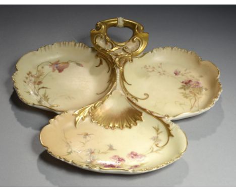 A ROYAL WORCESTER TRI-LUNCHEON TRAY, 1895 printed and painted after Edward Raby with wild flowers, 28cm, printed marks ++Slig