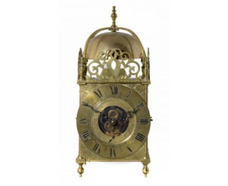 ELECTRIC HOROLOGY.  A 17TH C STYLE BRASS LANTERN TIMEPIECE BY THE EUREKA CLOCK CO, EARLY 20TH C with doors to both sides and 