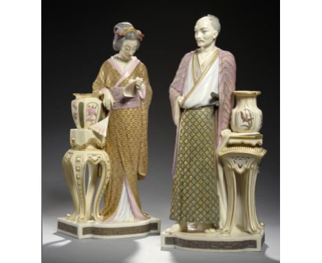 TWO RARE ROYAL WORCESTER FIGURES OF A JAPANESE LADY AND GENTLEMAN, 1875 AND C of glazed and decorated parian, 39.5 and 41.5cm