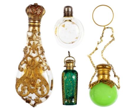 A PALAIS ROYAL GILTMETAL MOUNTED APPLE GREEN OPALINE GLASS SCENT BOTTLE, C1840     with chains and finger ring, bottle 4cm h 
