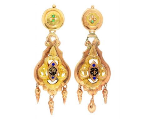 A PAIR OF GOLD AND ENAMEL OPENWORK EARRINGS 7.4cm, 8.2g ++Made up from 19th c and later elements, one upper part lacking one 