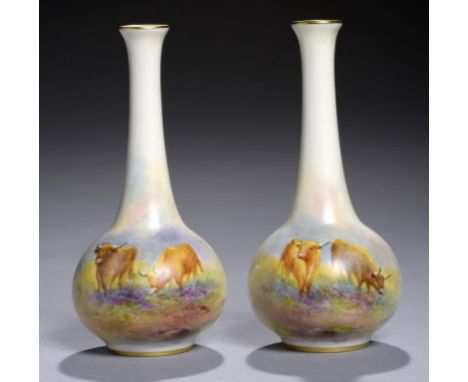 A PAIR OF ROYAL WORCESTER VASES, 1963 painted by E Townsend, both signed, with highland cattle, 13cm h, printed mark ++Both i