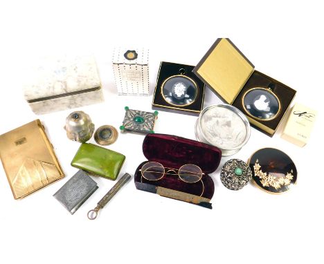 A group of virtue and collectables, including a Chinese wall mask, walking stick knop, Stratton compact, Christian Dior Eau d