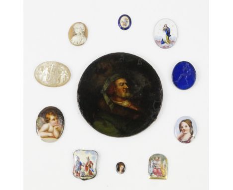 Four 19thC miniature enamel plaques, two porcelain plaques, oval blue glass intaglio, a cameo, mother of pearl oval plaque, a
