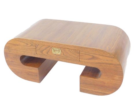 An oak occasional table, of Chinese scroll form, with single frieze drawer, 41cm H, 100cm W, 50cm D.