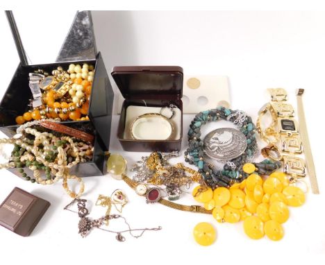 Silver and costume jewellery, including lady's wristwatches, earrings, ring, pendants, marcasite set ring, simulated pearls, 