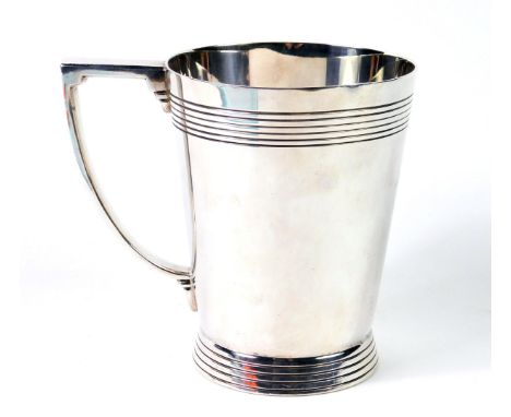 A Mappin &amp; Webb silver plated tankard designed by Keith Murray c1930's, with fluted decoration, impressed marks, 12.5cm h