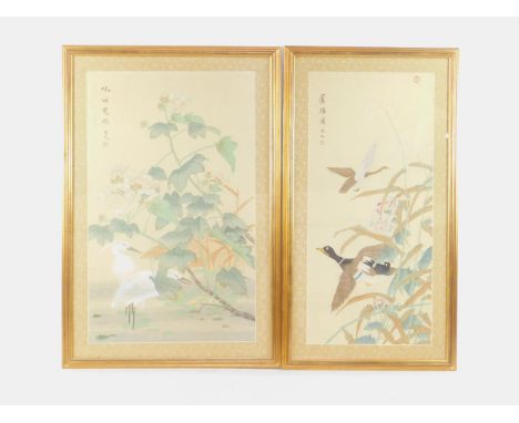 A Japanese print on silk of cranes, 91cm x 60cm, and another of ducks in flight, 91cm x 46.5cm. (2)