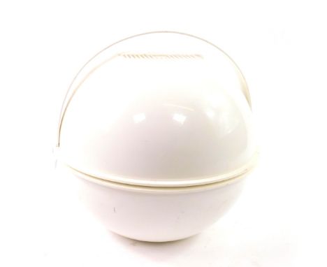 A Guzzini Per Alimenti vintage white plastic picnic set, in a globe container.