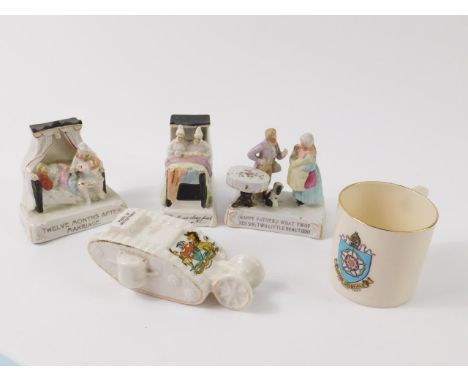 A Goss porcelain crested mug decorated with the Arms of Sutton Coldfield, commemorative model of a British tank with Arms of 