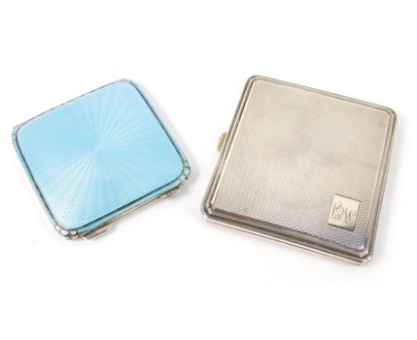 A George VI silver and turquoise guilloche enamel compact, Birmingham 1945, and a silver cigarette case, with engine turned d