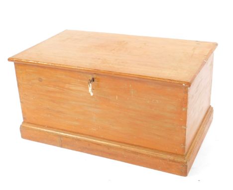 A Victorian pine trunk, on a plinth base, with key, 43cm H, 84cm W, 52cm D.