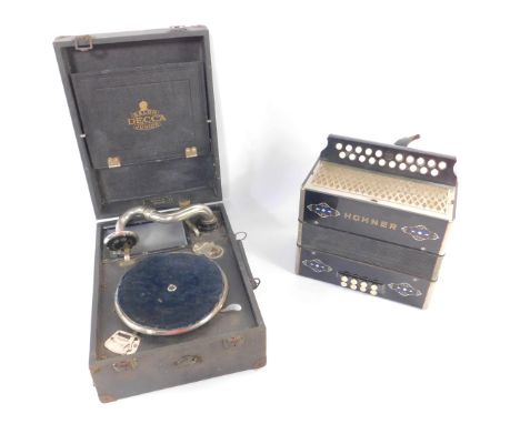 A Hohner accordion, twenty button, 28cm wide, together with a Decca black cased  table top gramophone, The Salon, No V36983, 