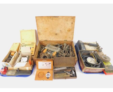 Tools and instruments, including a Renown Fahrenheit gauge, three laboratory thermometers, Correx gauges, cable laying tools,