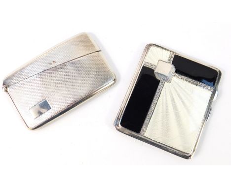 A George V Art Deco silver white guilloche enamel and black enamel cigarette case, Birmingham 1934, together with a George VI